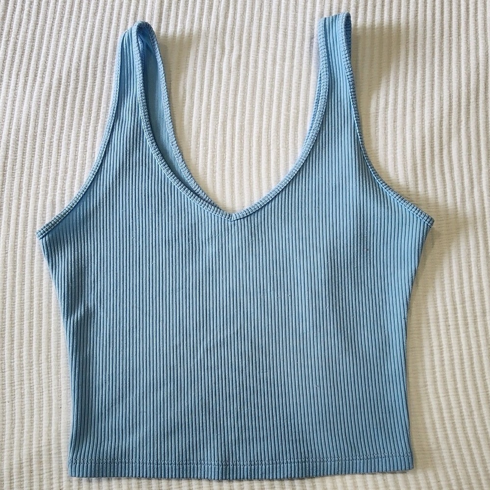 Hollister Womens Ribbed V-Neck Cropped Tank Top Light Blue Size M